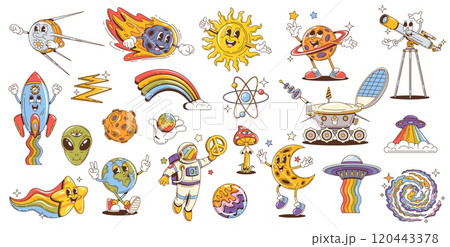 Retro groovy space characters, cartoon psychedelic alien, hippie sun, earth, moon and saturn planets. Trippy vector personages of astronaut, rocket, spaceship and UFO. Groovy space satellite and star 120443378