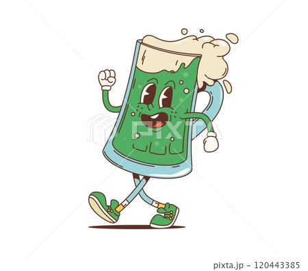 Cartoon retro green ale tankard groovy character for Saint Patrick Day holiday, vector personage. Funny green beer mug groovy character with funky face and foam splash for Irish St Patrick Day holiday Cartoon retro green ale tankard groovy character for Saint Patrick Day holiday, vector personage. Funny green beer mug groovy character with funky face and foam splash for Irish St Patrick Day holiday 120443385