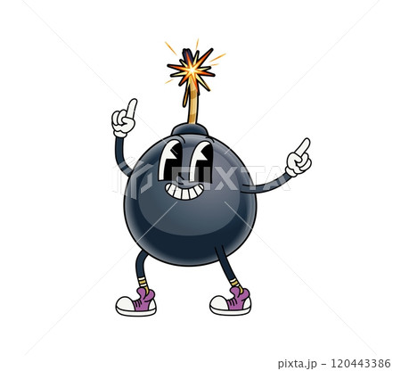 Groovy bomb character with burning wick and y2k hippie vibes. Isolated cartoon vector explosive weapon retro personage with expressive eyes and vintage sneakers, cheerfully dancing as its fuse ignites 120443386