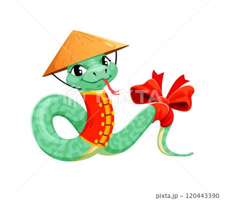 Cartoon snake character represents a playful symbol for the 2025 Chinese lunar year. Cute zodiac reptile animal with happy smiling eyes, wears traditional asian yellow conical hat, red bow and vest 120443390