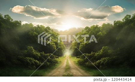 朝霧立つ山道の風景 120443414