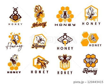 Honey bee, beekeeping icons. Apiary symbols of vector bee insects, honeycombs and hexagon wax with gold drops of sweet flower nectar. Natural honey labels set, healthy food product packaging tags Honey bee, beekeeping icons. Apiary symbols of vector bee insects, honeycombs and hexagon wax with gold drops of sweet flower nectar. Natural honey labels set, healthy food product packaging tags 120443415