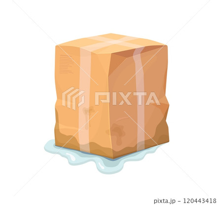 Damaged parcel box or soaked in water with crumpled cardboard, vector delivery accident icon. Cargo parcel package or carton box wet or leaked of damage with bent and crumpled sides in water Damaged parcel box or soaked in water with crumpled cardboard, vector delivery accident icon. Cargo parcel package or carton box wet or leaked of damage with bent and crumpled sides in water 120443418