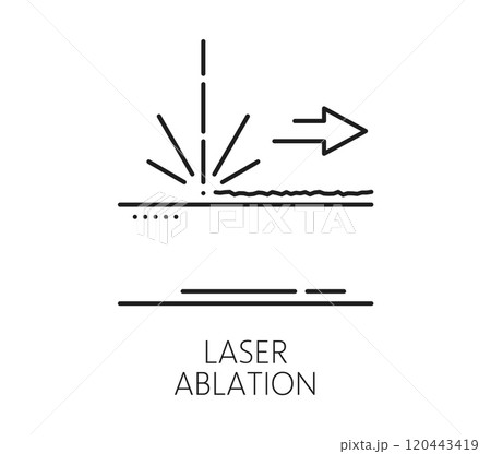 Laser cutting ablation manufacture equipment line icon. CNC marking equipment outline pictogram, laser etching production technology or steel metalwork industry thin line vector symbol or icon 120443419