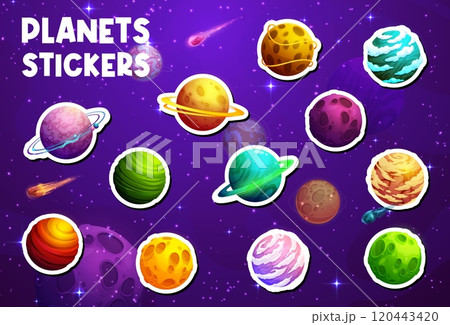 Alien space planets stickers on fantasy galaxy universe sky vector background. Cartoon futuristic planets of alien galaxy outer space stickers pack with color stone surface, craters and orbit rings 120443420