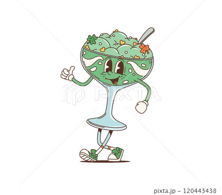 Cartoon retro groovy green ice cream dessert character, saint patrick day holiday sweet personage. Isolated vector glass cup with soft icecream and clover sprinkles for Irish holiday celebration Cartoon retro groovy green ice cream dessert character, saint patrick day holiday sweet personage. Isolated vector glass cup with soft icecream and clover sprinkles for Irish holiday celebration 120443438