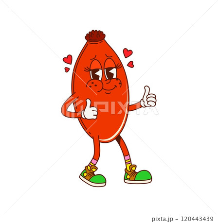 Cartoon groovy rosehip fruit character. Isolated vector berry with thumbs-up surrounded by hearts. Lovable retro rose hip personage with a friendly smile, exuding a sense of love, affection and charm Cartoon groovy rosehip fruit character. Isolated vector berry with thumbs-up surrounded by hearts. Lovable retro rose hip personage with a friendly smile, exuding a sense of love, affection and charm 120443439