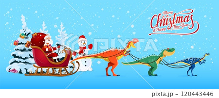 Cartoon Santa sleigh with dinosaurs whimsical festive Holiday scene. Santa Claus riding in a sleigh pulled by playful dino animals at snowy winter background with a snowman and pine tree 120443446