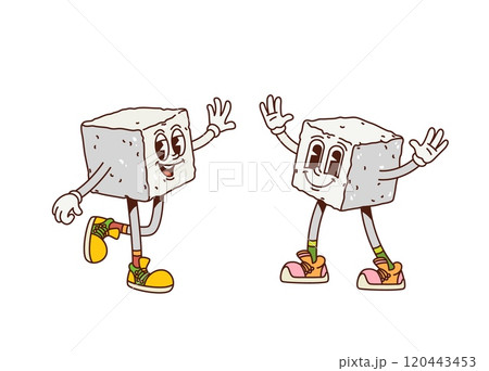 Cartoon retro groovy sugar cube characters with smiling faces, expressive eyes and sneakers. Isolated vector fun and lively sweetener cubic pieces personages, dessert or candy in dynamic playful poses Cartoon retro groovy sugar cube characters with smiling faces, expressive eyes and sneakers. Isolated vector fun and lively sweetener cubic pieces personages, dessert or candy in dynamic playful poses 120443453