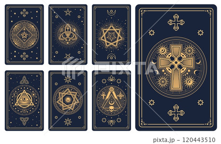 Magic occult Tarot cards with esoteric signs and mystic symbols, vector reverse decks. Tarot cards design with sun, moon and star, pentacle pentagram with skull, mason pyramid with eye and ankh cross 120443510