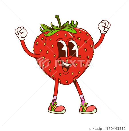 Cartoon groovy strawberry fruit character with raised hands radiating joy with expressive eyes and a smile. Isolated vector lively ripe and juicy berry retro y2k personage wears trendy hippie sneakers 120443512