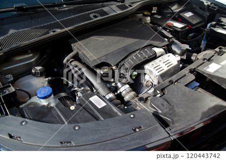 General check is done on the engine section of the car. Car maintenance and repair works, vehicle service section General check is done on the engine section of the car. Car maintenance and repair works, vehicle service section 120443742