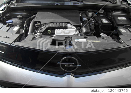 General check is done on the engine section of the car. Opel car maintenance and repair works, vehicle service section 120443746