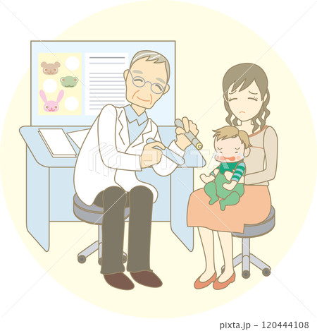 病院で優しそうな医師の診察を受ける人 120444108
