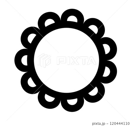 Scalloped edge circle frame. Simple round scalloped border. Fabric lace pattern frame. Repeat cute vintage frill ornament. Texture ribbon. Vector illustration isolated on white background. Scalloped edge circle frame. Simple round scalloped border. Fabric lace pattern frame. Repeat cute vintage frill ornament. Texture ribbon. Vector illustration isolated on white background. 120444110