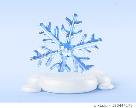3d white snow podium with glass snowflake on winter background render. Snowdrift pedestal platform with blue ice crystal, stage for product display, christmas discount, new year sale. 3D illustration 3d white snow podium with glass snowflake on winter background render. Snowdrift pedestal platform with blue ice crystal, stage for product display, christmas discount, new year sale. 3D illustration 120444179