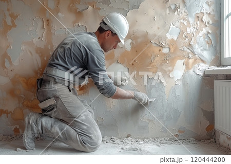 Man construction is working on a wall, wearing a hard hat and a grey shirt. Concept of hard work and dedication 120444200
