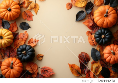 Autumn frame with pumpkins and leaves on beige...のイラスト素材 [120444218 ...