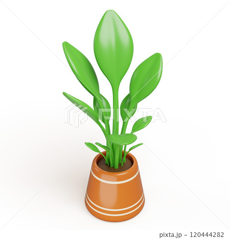 3d house plant in flowerpot for home or office interior decoration. Tropical palm tree with green leaves growing in flower pot with soil. Cute houseplant, isolated cartoon render icon. 3D illustration 120444282