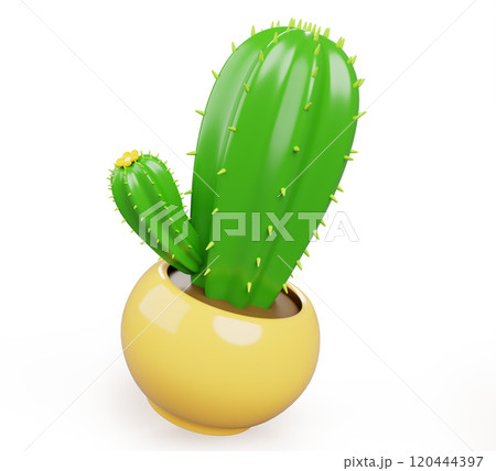 3d cactus with flower in yellow pot, home succulent or desert plant for house interior render icon. Green prickly cacti with blossom in flowerpot for indoor office garden in summer. 3D illustration 120444397