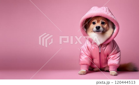 ピンク色のフード付きジャケットを着て座っている小型犬。 ピンク色のフード付きジャケットを着て座っている小型犬。 120444513
