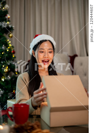 A cheerful, excited Asian woman is surprised by her Christmas present, opens it in the living room. A cheerful, excited Asian woman is surprised by her Christmas present, opens it in the living room. 120444607
