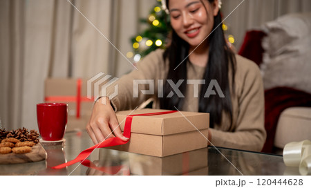 A close-up of a happy woman tying a red ribbon around a Christmas gift box in the living room. A close-up of a happy woman tying a red ribbon around a Christmas gift box in the living room. 120444628