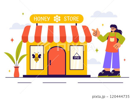 Honey Store Vector Illustration Featuring Natural Products Such as Jars of Honey, Bees, and Honeycombs for Consumption in a Flat Style Background 120444735