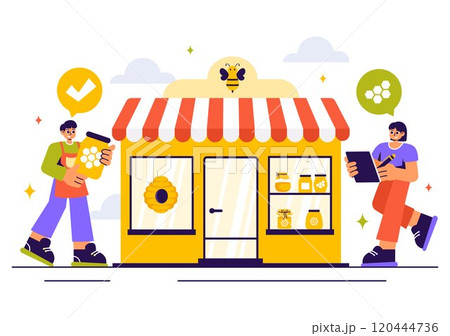 Honey Store Vector Illustration Featuring Natural Products Such as Jars of Honey, Bees, and Honeycombs for Consumption in a Flat Style Background 120444736
