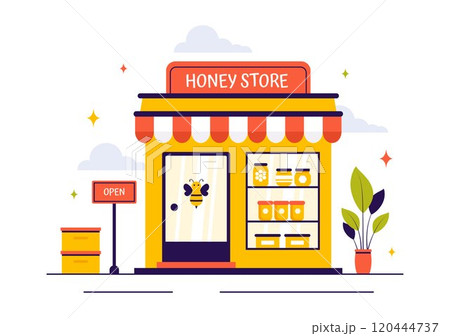 Honey Store Vector Illustration Featuring Natural Products Such as Jars of Honey, Bees, and Honeycombs for Consumption in a Flat Style Background Honey Store Vector Illustration Featuring Natural Products Such as Jars of Honey, Bees, and Honeycombs for Consumption in a Flat Style Background 120444737