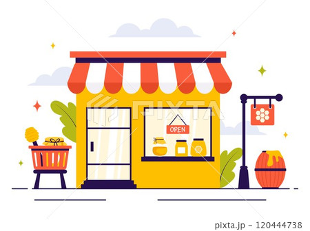 Honey Store Vector Illustration Featuring Natural Products Such as Jars of Honey, Bees, and Honeycombs for Consumption in a Flat Style Background Honey Store Vector Illustration Featuring Natural Products Such as Jars of Honey, Bees, and Honeycombs for Consumption in a Flat Style Background 120444738