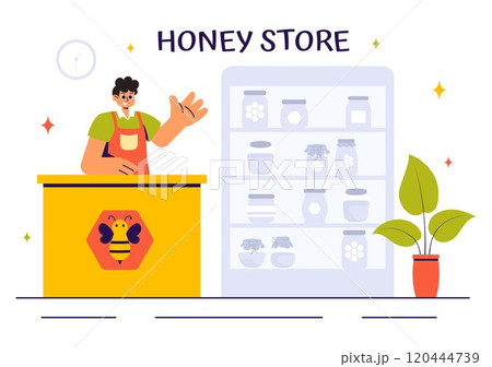 Honey Store Vector Illustration Featuring Natural Products Such as Jars of Honey, Bees, and Honeycombs for Consumption in a Flat Style Background 120444739