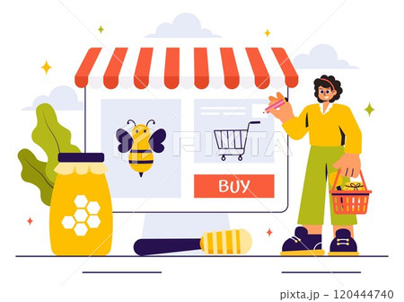 Honey Store Vector Illustration Featuring Natural Products Such as Jars of Honey, Bees, and Honeycombs for Consumption in a Flat Style Background 120444740