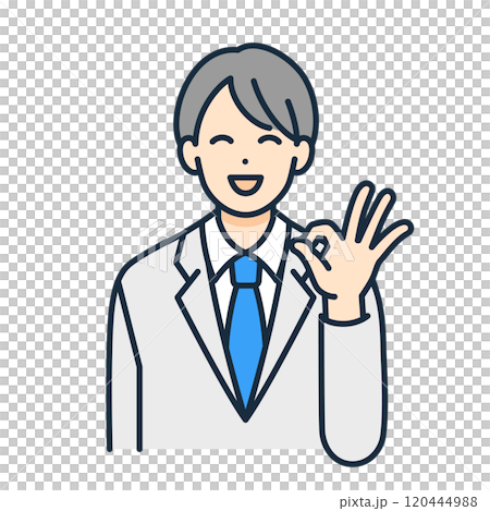 一個男孩微笑著用手做了一個「OK」的手勢。向量圖的一個穿制服的男人。 120444988