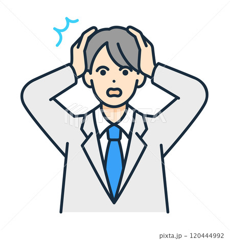 制服を着た男の子が頭を抱えるイラスト。慌てる学生のベクター素材。 120444992
