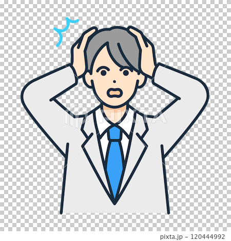 Illustration of a boy in uniform holding his head. Vector image of a panicked student. 120444992