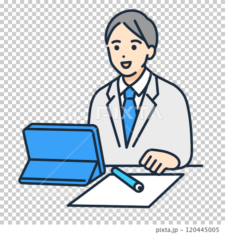 タブレットを使い宿題をする10代の学生。勉強する男子のベクターイラスト素材。 120445005