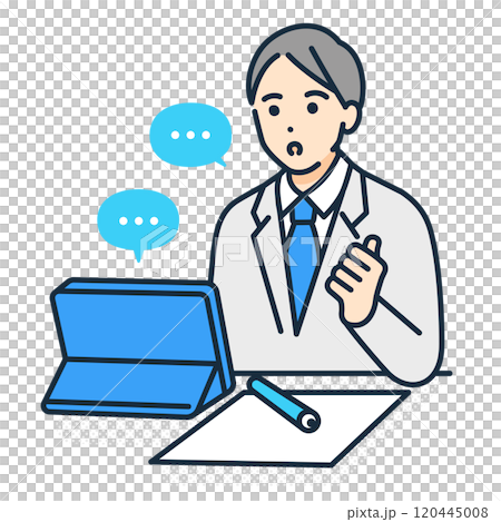 一名高中生坐在課桌前學習。一個男孩在平板電腦上在線上課的向量插圖。 120445008