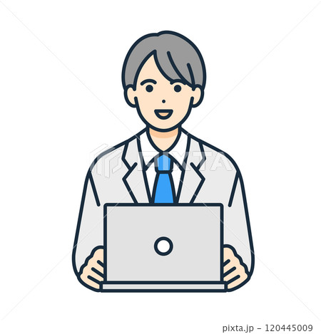 部屋でPCを使い学習をする高校生。インターネットを使い学ぶ男の子のイラスト。 120445009