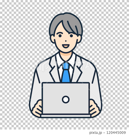 一名高中生在他的房間裡使用電腦學習。一個男孩使用網路學習的插圖。 120445009