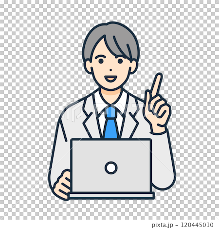 一個男孩指著。一名高中男孩在學校使用筆記型電腦學習的向量材料。 120445010