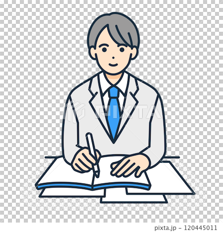 学校での授業風景。ノートをとる男の子。机に座り勉強する男子高生のイラスト。 学校での授業風景。ノートをとる男の子。机に座り勉強する男子高生のイラスト。 120445011