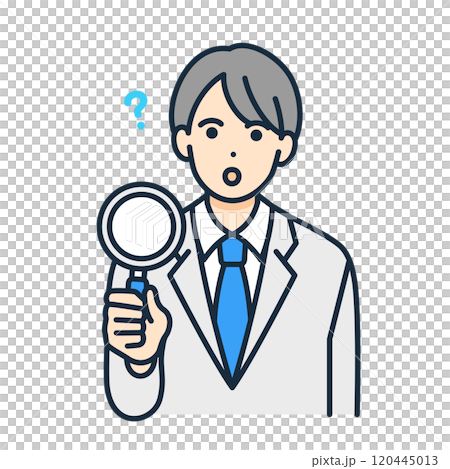ルーペで何かを探す男子高生。疑問を調査する男の子のベクターイラスト素材。 120445013