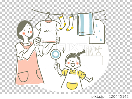 A mother and a girl hanging out laundry together - A stylish and cute hand-drawn illustration 120445142