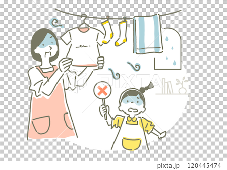 A mother and a girl who are troubled by the smell of clothes dried indoors - A stylish and cute hand-drawn illustration 120445474