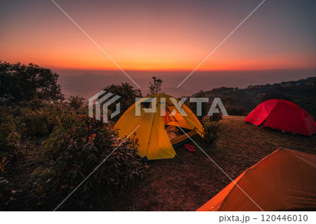 Camping Tent on the Mountain with Early Morning Light 120446010
