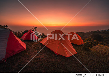 Camping Tent on the Mountain with Early Morning Light 120446012