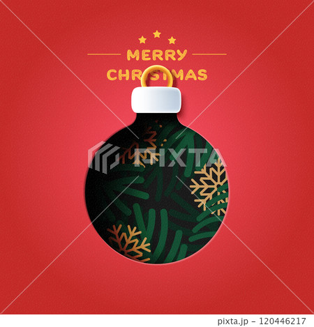 Holiday Christmas and winter season on red background. Christmas Ball decorated with fir branches and snowflake. Paper art vector illustration. 120446217