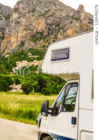 Camper and Moustiers-Sainte-Marie village, France Camper and Moustiers-Sainte-Marie village, France 120446276