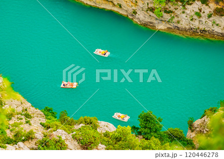 Boats on water, Verdon Gorge in Provence France. Boats on water, Verdon Gorge in Provence France. 120446278